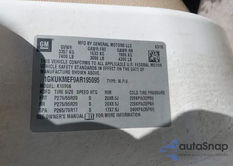 2010 GMC Yukon Xl 1500 Denali из США, поврежденный, VIN 1GKUKMEF9AR195095